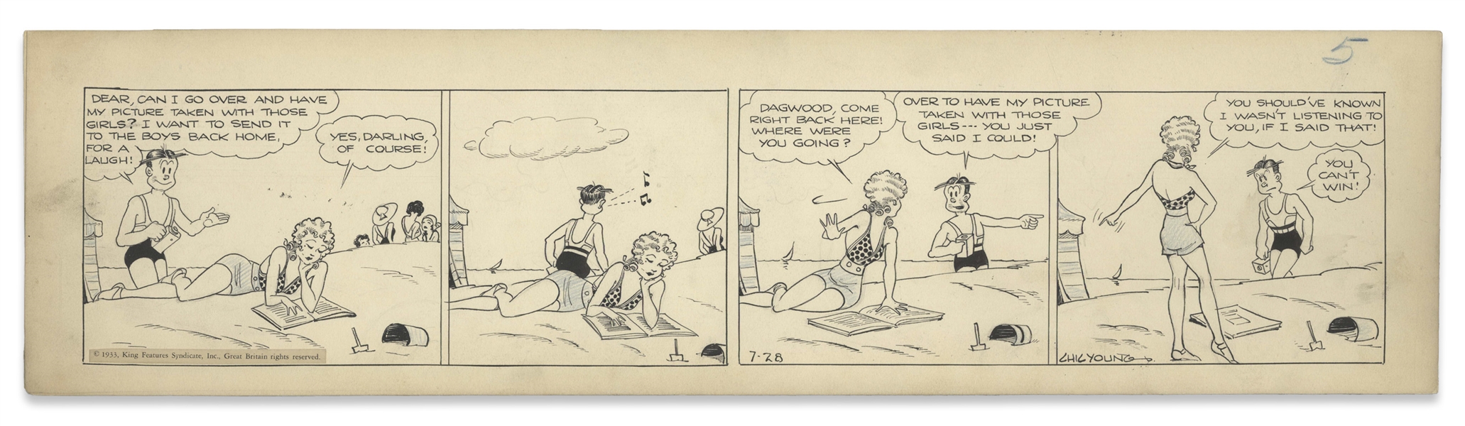 Chic Young Hand-Drawn ''Blondie'' Comic Strip From 1933 Titled ''Men Are So Gullible'' -- Blondie Puts a Quash to Dagwood's Fun